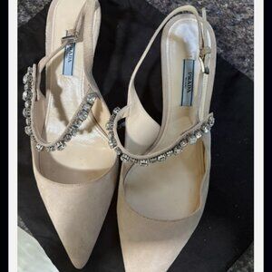 Prada Beige Embellished Slingback Low Heel Pumps Size 39